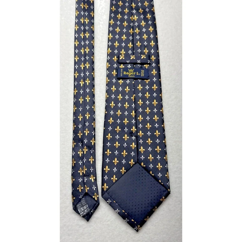 Roger L Paris 100% Silk Tie Black Gold Fleur De Lis Made in France Necktie